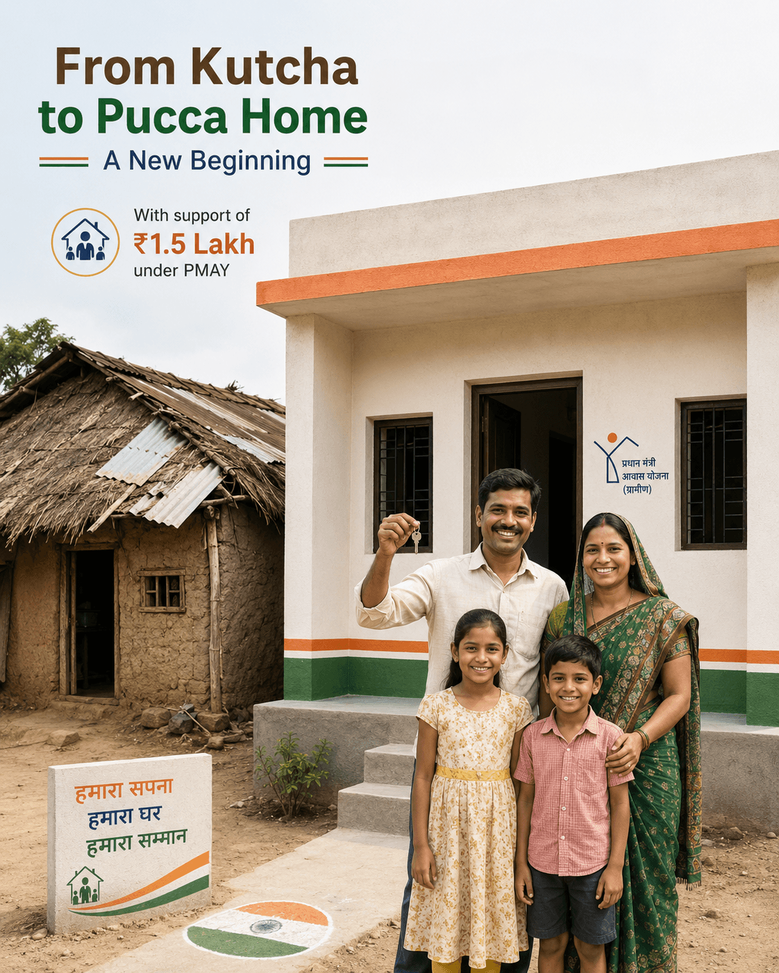 From Kutcha to Pucca Home — PMAY awareness poster